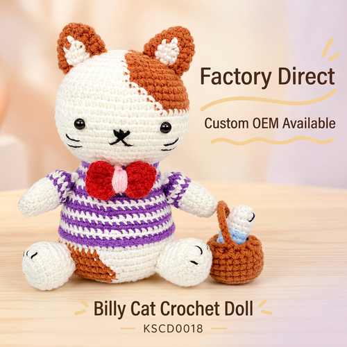 Handmade Crochet Billy Cat Plushie Front View with Basket