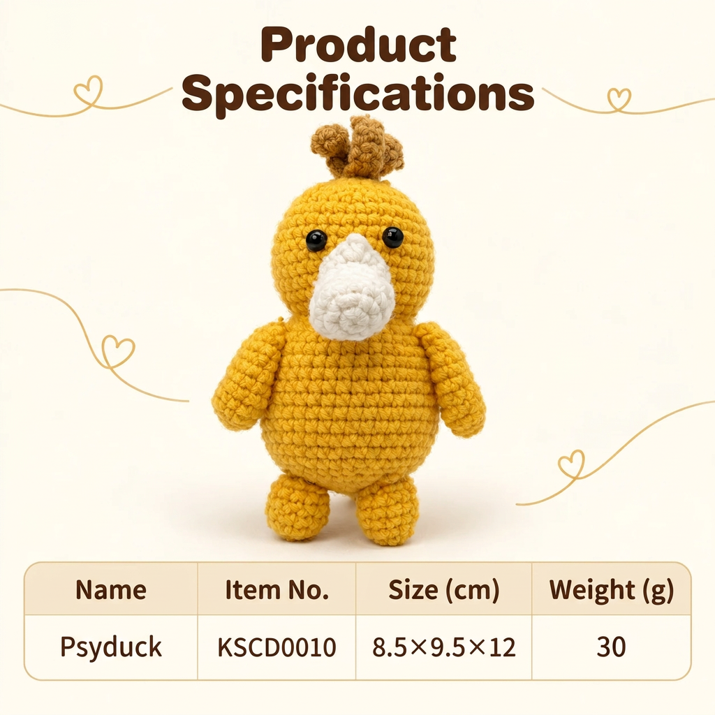 Handmade Crochet Psyduck Plushie - Cute Amigurumi Animal Doll & Bag Charm