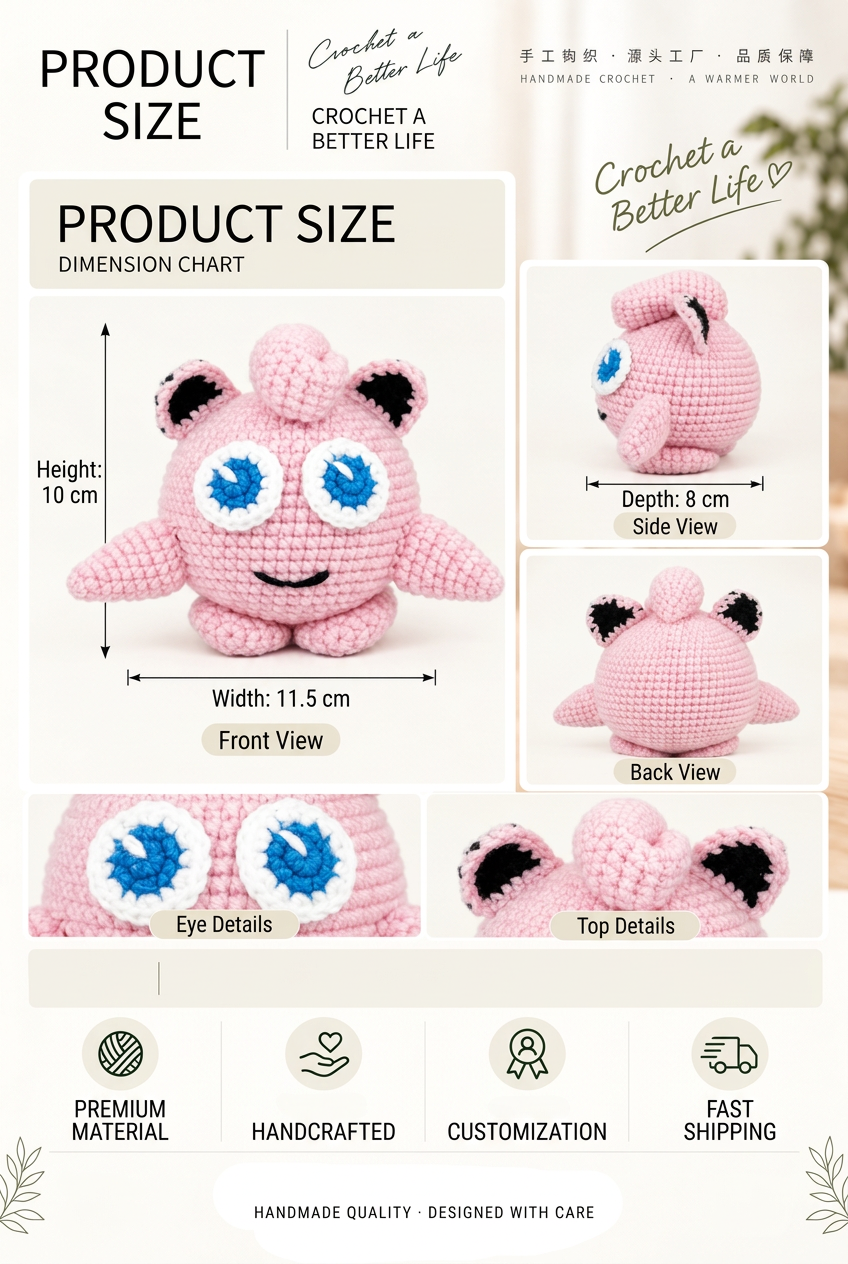 Handmade Crochet Jigglypuff Plushie - Cute Pink Fairy Amigurumi Doll & Bag Charm