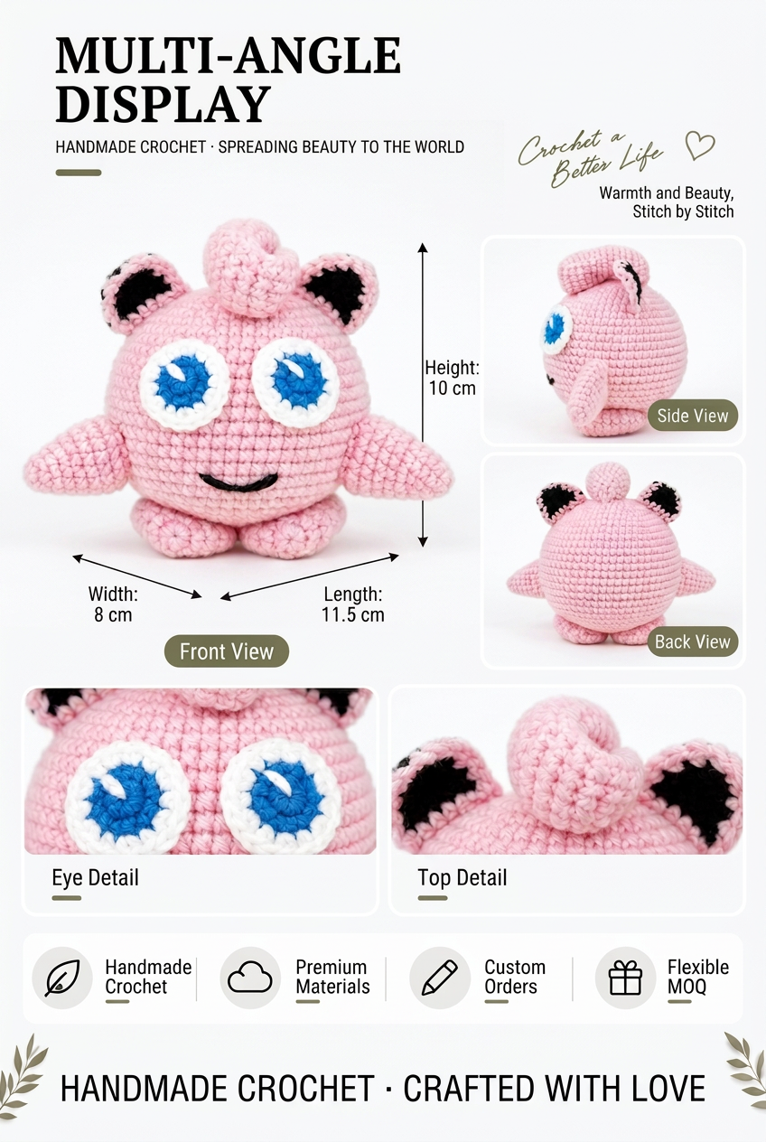 Handmade Crochet Jigglypuff Plushie - Cute Pink Fairy Amigurumi Doll & Bag Charm