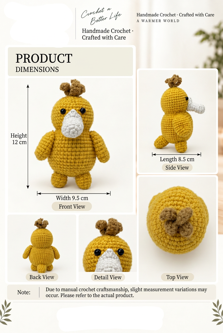 Handmade Crochet Psyduck Plushie - Cute Amigurumi Animal Doll & Bag Charm