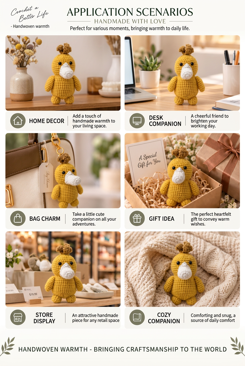 Handmade Crochet Psyduck Plushie - Cute Amigurumi Animal Doll & Bag Charm